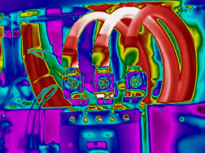 Infrared image of incomer cable tails and lug terminations, with the cable tails reading hotter than the lug bodies below